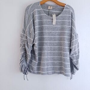 Alkamy striped long ruche sleeve round neck blouse size M